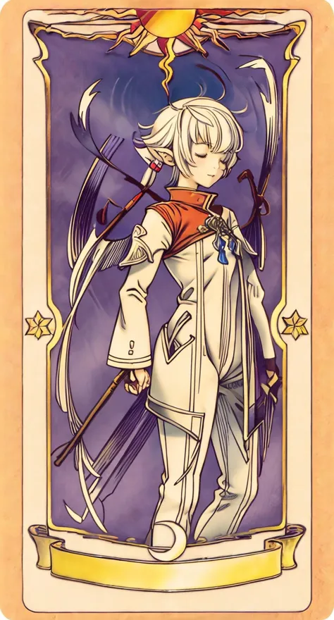 masterpiece, best quality, 1girl, alisaie, closed eyes, standing, card, solo, tarot <lora:ClowCard_NoText:0.8> <lora:AlisaieLeveilleur_alisaie:0.7>