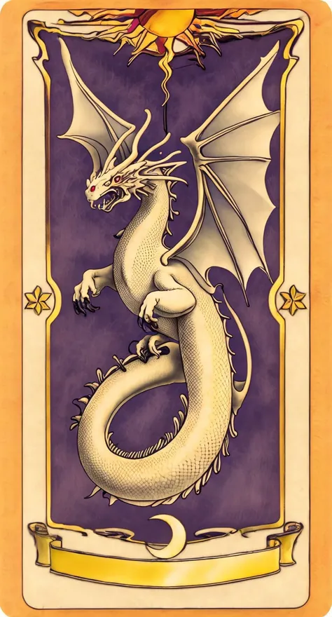 masterpiece, best quality, creature, fire dragon, wind, no humans, card, solo, tarot <lora:ClowCard_NoText:1>