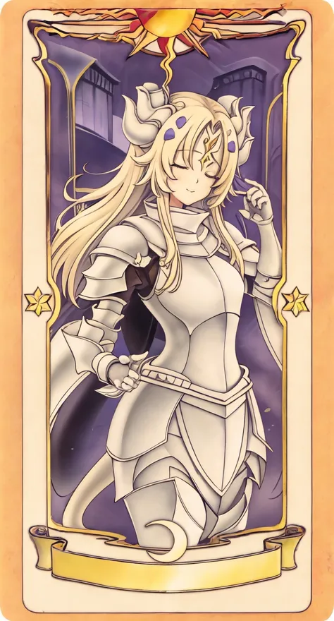 masterpiece, best quality, 1girl, ecclesia, long hair, eyes closed, knight armor, dragon horns, card, solo, tarot <lora:Ecclesia e6:1> <lora:ClowCard_NoText:0.8>