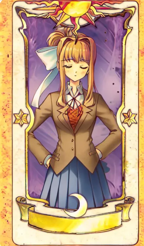 masterpiece,high quality,best quality,<lora:ddlc-10:1><lora:ddlc:1>,school uniform,monika,blazer,brown sweater,collared shirt,neck ribbon,blue skirt,monika,green eyes,brown hair,very long hair,ponytail,hair ribbon,white ribbon,((1girl)),<lora:ClowCard4:1> tarot,closed eyes,card,