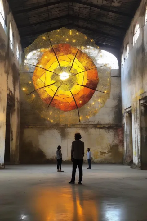 <lora:Olafur Eliasson Style:1>Olafur Eliasson Style - Photo of beatiful art and installation work in old warehouse in mumbai, empathy and conscious awakening found on a jung heroes journey, endless wisdom in style of olafur eliasson and christian jakowleff