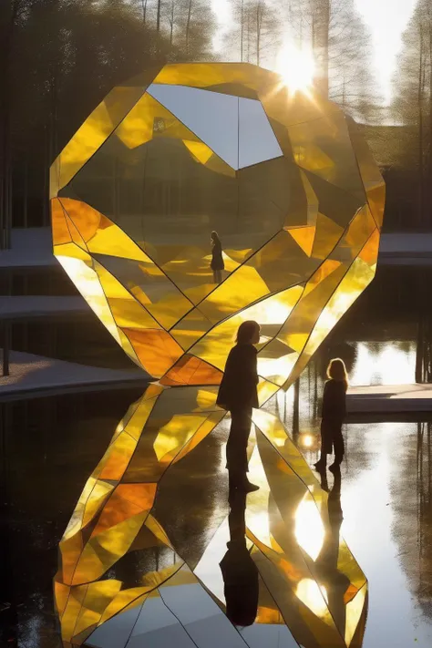 <lora:Olafur Eliasson Style:1>Olafur Eliasson Style - An outdoor sculpture created by Olafur Eliasson, utilizing geometric shapes and transparent materials. The sculpture interacts with the natural environment, casting intriguing shadows and reflections that change with the movement of the sun.