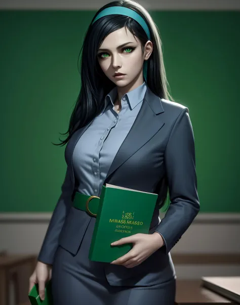 ultrarealistic, octane render, 8k, masterpiece,perfect skin, <lora:sxzShegoKimPossible_sxzShego:0.75>, shegolady,black hair,buttoned (grey) suit, teacher,blue hairband, blue neck shirt, brown belt,grey skirt, holding book, green eyes, eyarings