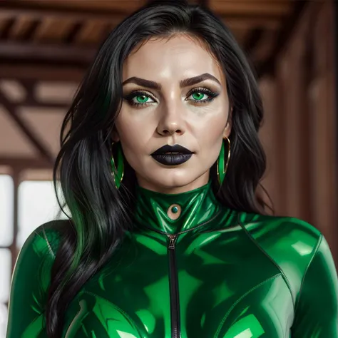 RAW photo, (high detailed skin, detailed eyes:1.1), intricate details, best quality, 8k uhd, soft lighting, shegolady, green bodysuit, green gloves, black lips, athletic, green eyes  <lora:sxz-shego:0.8>