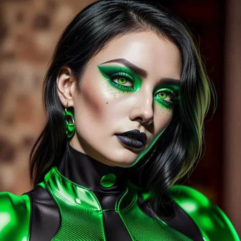 RAW photo, (high detailed skin, detailed eyes:1.1), intricate details, best quality, 8k uhd, soft lighting, shegolady, green bodysuit, green gloves, black lips, athletic, green eyes <lora:sxz-shego:0.8>