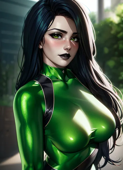 1girl, portrait of beautiful shegolady, green bodysuit, smile, blush, black lips, outdoors, volumetric lighting, best quality, masterpiece, intricate details, tonemapping, sharp focus, hyper detailed, trending on Artstation, realistic <lora:sxz-shego:1>