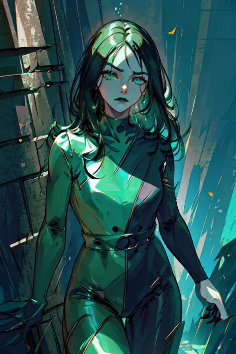 (shegolady:1.2), (shego:1), (woman:1), ((green eyes)), (black and green suit:1), (body suit:1.2), (sharp facial features:1.5), (thin eyebrows), (fair complexion), (white skin:0.7), (black hair:1.0), long side parted hair, (green smoke from hands), (black lipstick), cartoony facial features, large round eyes, bangs hair, (realistic:1.2), (masterpiece:1.2), (full-body-shot:1),(Cowboy-shot:1.2), light particles, dark lair background, neon lighting, dark romantic lighting, (highly detailed:1.2),(detailed face:1.2), (gradients), colorful, detailed eyes, (one person), (detailed landscape:1.2), (natural lighting:1.2),(detailed background),detailed landscape, (dynamic pose:1.2), wide shot, solo, <lora:sxz-shego:0.8> <lora:add_detail:0.3> <lora:hipoly3DModelLora_v10:0.05> <lora:RSERomantic_RSESofiko_RSEEmma-v1:0.1>