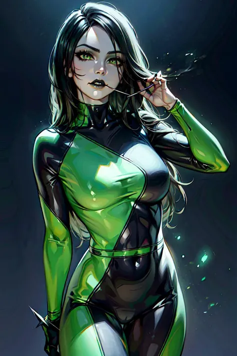 (shegolady:1.2), (shego:1), (woman:1), ((green eyes)), (black and green suit:1), (body suit:1.2), (sharp facial features:1.5), (thin eyebrows), (fair complexion), (white skin:0.7), (black hair:1.0), long side parted hair, (green smoke from hands), (black lipstick), cartoony facial features, large round eyes, bangs hair, (realistic:1.2), (masterpiece:1.2), (full-body-shot:1),(Cowboy-shot:1.2), light particles, dark lair background, neon lighting, dark romantic lighting, (highly detailed:1.2),(detailed face:1.2), (gradients), colorful, detailed eyes, (one person), (detailed landscape:1.2), (natural lighting:1.2),(detailed background),detailed landscape, (dynamic pose:1.2), wide shot, solo, <lora:sxz-shego:0.8> <lora:add_detail:0.3> <lora:hipoly3DModelLora_v10:0.05> <lora:RSERomantic_RSESofiko_RSEEmma-v1:0.1>