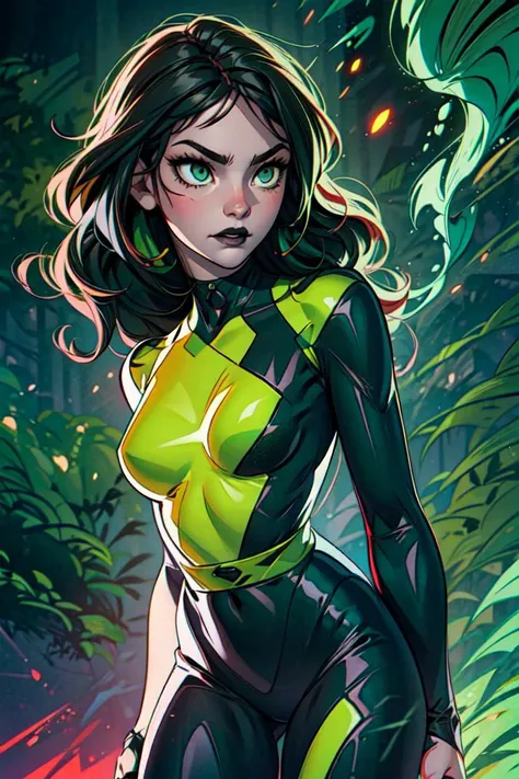 (shegolady:1.2), (shego:1), (woman:1), ((green eyes)), (black and green suit:1), (body suit:1.2), (sharp facial features:1.5), (thin eyebrows), (fair complexion), (white skin:0.7), (black hair:1.0), long side parted hair, (green smoke from hands), (black lipstick), cartoony facial features, large round eyes, bangs hair, (realistic:1.2), (masterpiece:1.2), (full-body-shot:1),(Cowboy-shot:1.2), light particles, dark lair background, neon lighting, dark romantic lighting, (highly detailed:1.2),(detailed face:1.2), (gradients), colorful, detailed eyes, (one person), (detailed landscape:1.2), (natural lighting:1.2),(detailed background),detailed landscape, (dynamic pose:1.2), wide shot, solo, <lora:sxz-shego:0.8> <lora:add_detail:0.3> <lora:hipoly3DModelLora_v10:0.05> <lora:RSERomantic_RSESofiko_RSEEmma-v1:0.1>