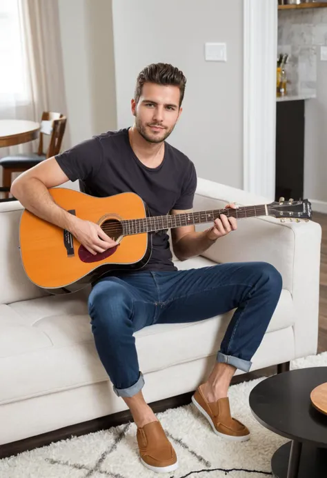 photo of a man, high-resolution,wearing a casual outfit, holding a guitary, in a living room, sitting on a couch, looking at viewer