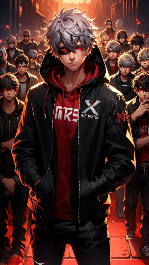 <lora:mn_20231007092457:0.9>,mn,red eyes,hands in pockets,male focus,hood,looking at viewer,6+boys,glowing,red theme,glowing eyes,white hair,1boy,closed mouth,short hair,mask,