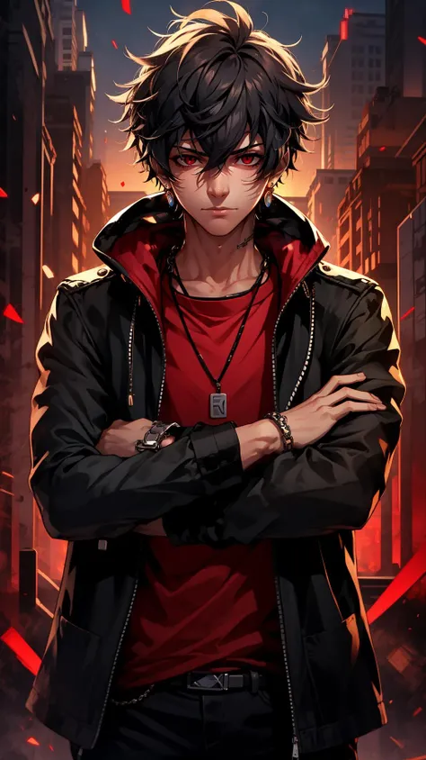<lora:mn_20231007092457:0.9>,mn,1boy,male focus,red eyes,solo,jacket,black hair,jewelry,red background,zipper,bracelet,looking at viewer,necklace,chain,crossed arms,black jacket,red shirt,hair between eyes,upper body,shirt,