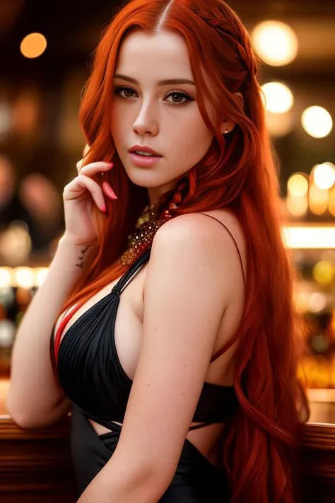 portrait photo of LenkaRegalova beautiful woman, red hair, low-braided long hair , nightclub sitting at bar (masterpiece) (best quality) (detailed) (8k) (HDR) (wallpaper) (cinematic lighting) (sharp focus) (intricate)<lora:LenkaRegalova:1.0>
