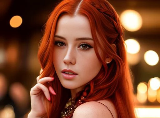 portrait photo of LenkaRegalova beautiful woman, red hair,  low-braided long hair , nightclub sitting at bar (masterpiece) (best quality) (detailed) (8k) (HDR) (wallpaper) (cinematic lighting) (sharp focus) (intricate)<lora:LenkaRegalova:1.0>