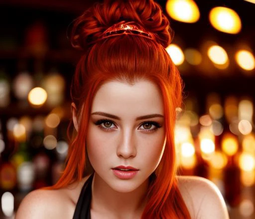 portrait photo of LenkaRegalova beautiful woman, red hair,  topknot, nightclub sitting at bar (masterpiece) (best quality) (detailed) (8k) (HDR) (wallpaper) (cinematic lighting) (sharp focus) (intricate)<lora:LenkaRegalova:1.0>