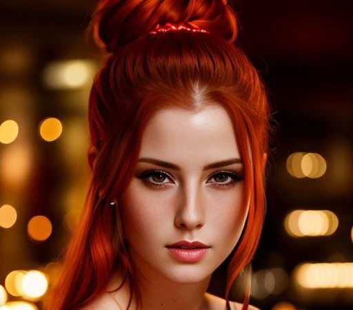 portrait photo of LenkaRegalova beautiful woman, red hair, topknot, nightclub sitting at bar (masterpiece) (best quality) (detailed) (8k) (HDR) (wallpaper) (cinematic lighting) (sharp focus) (intricate)<lora:LenkaRegalova:1.0>