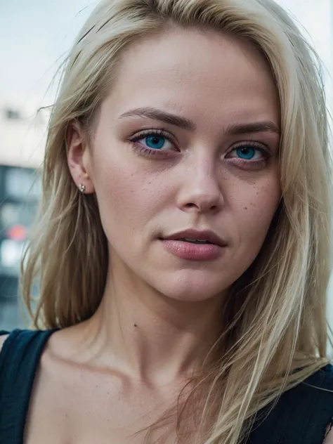 Hyper-realistic close up portrait of an albino Scandinavian (cyberpunk woman), ((female)),