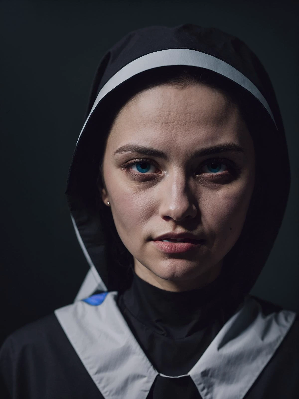 RAW portrait photo of an albino Irish nun, 20 years old woman, (total eclipse:1.3), dark theme, FilmG <lora:FilmG2:0.3> <lora:lowra_v10:1>