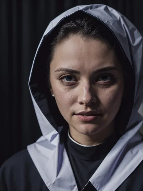 Hyper-realistic portrait photo of an albino Irish nun, 20 years old woman, total eclipse, FilmG <lora:FilmG2:0.3> <lora:lowra_v10:1>