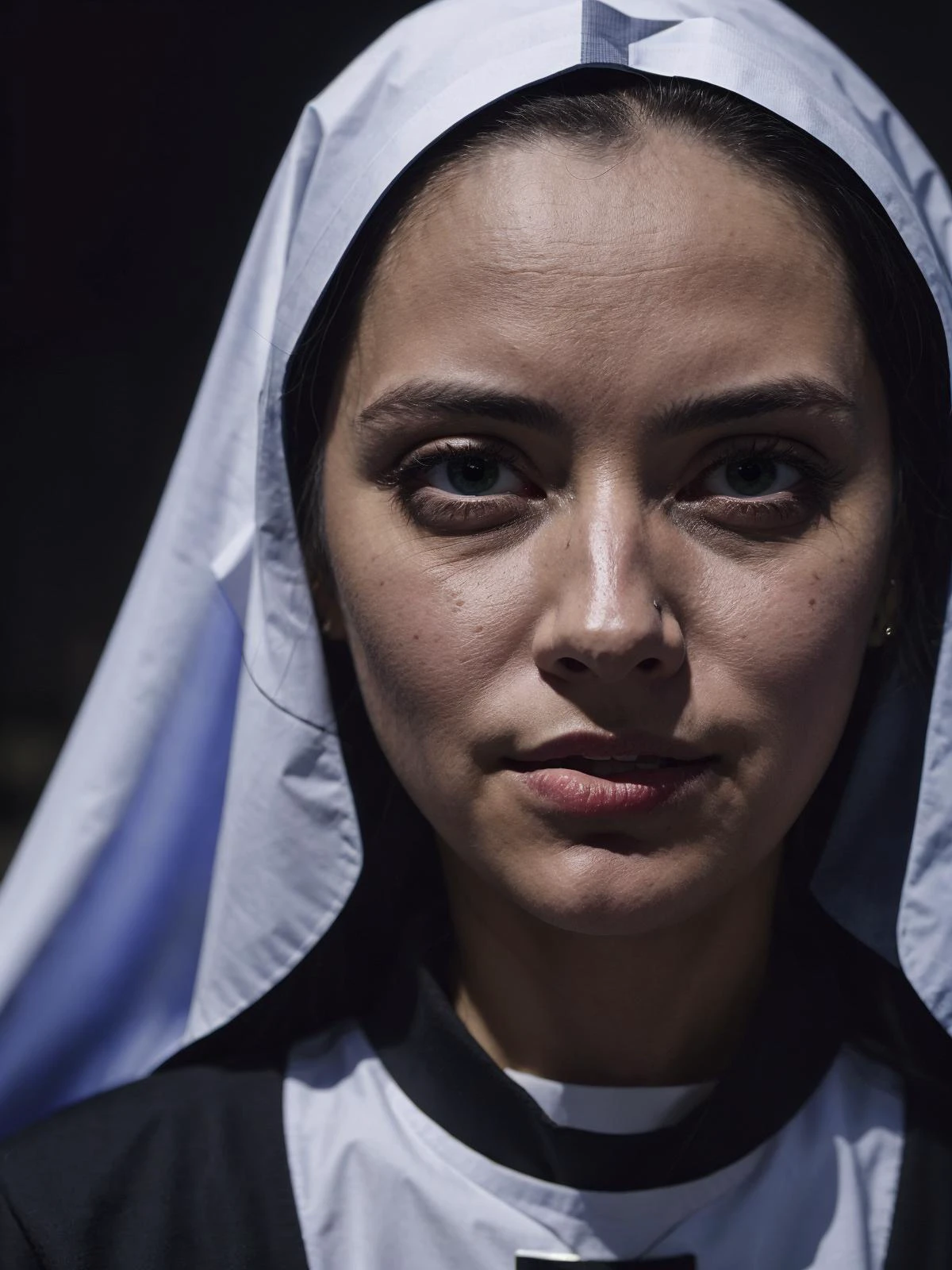 Hyper-realistic portrait photo of an albino Irish nun, 20 years old woman, total eclipse, FilmG <lora:FilmG2:0.3> <lora:lowra_v10:1>