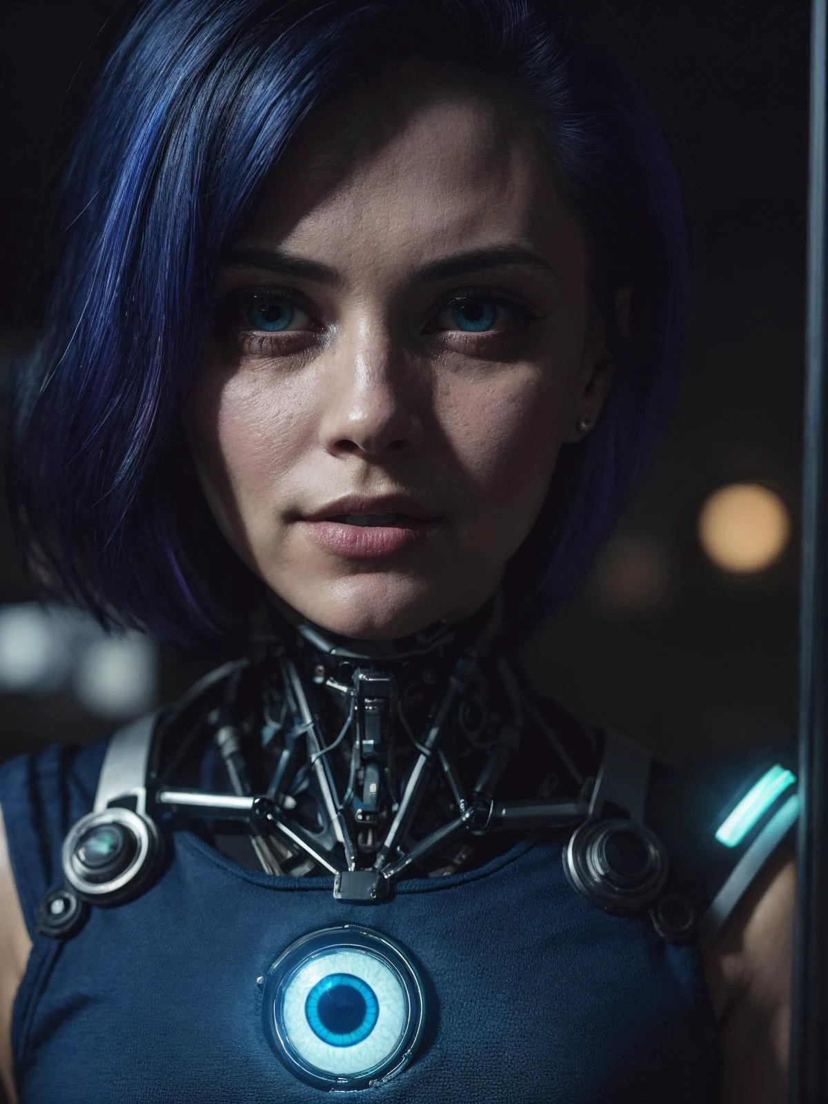 Hyper-realistic close up portrait of a (cyberpunk woman), ((female)), (albino) skin, detailed (one striking blue human eye and one cybernetic glowing eye), rugged, adaptive, (half human face, half cybernetic enhancements seamlessly integrated), (futuristic neon-lit cityscape reflecting in the cybernetic eye), with a detailed enigmatic face, full body, (fashionable and functional cyberpunk attire), regal, elegant, realistic, hyper realistic, highly detailed, depth of field, Detailed and Intricate, Photo, HD, Cinematic, Dynamic Lighting, (bokeh), ((beautiful)), lens flare, (god rays:1.1), (cinema effect), gradient colour progression, cinematic film grain, (subsurface scattering),((detailed face and eyes)), (detailed iris:1.3) <lora:lowra_v10:1>