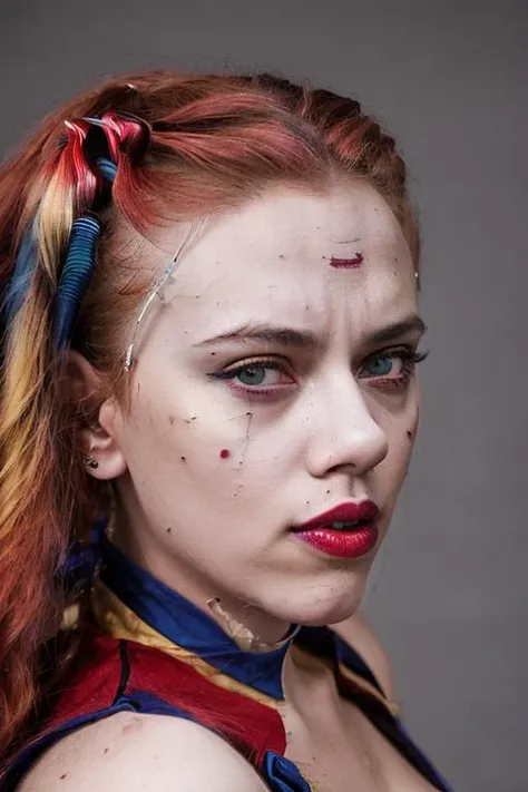 Stunning 4k photograph of a (sks woman) , (modeling on a photoset ), (harley quinn cosplay), (wearing a corset), (eye contact), (hands behind head), DSLR, detailed face, grainy, weird lighting, face in partial shadow, (hyperdetailed, hyperrealistic), <lyco:locon_scarlett_v1_from_v2_64_32:1.25>