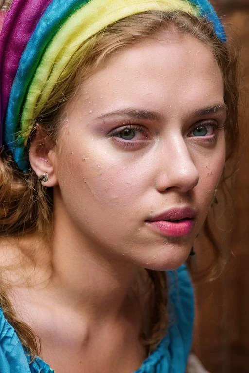 Stunning 4k photograph of a (sks woman) , (modeling in medieval a tavern ), (tavern maid cosplay), (wearing a bright rainbow dress), (close up of face and chest) (eye contact), DSLR, detailed face, grainy, weird lighting, face in partial shadow, ((hyperdetailed, hyperrealistic)), <lyco:locon_scarlett_v1_from_v2_64_32:1.25>