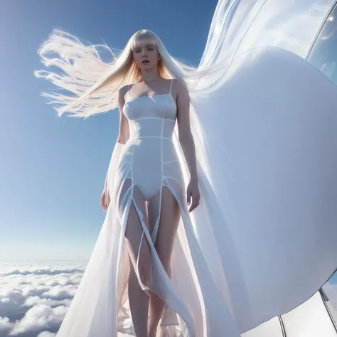 masterpiece, extremely high detail digital RAW color photograph of a beautiful nude Russian young woman with pale skin, wearing futuristic fashion white transparent long dress blowing in the wind, medium ((nubile)) breasts and thick bangs white hair blowing in the wind, strolling on the top deck of a spaceship in the clouds, sunset, detailed background, focus on eyes