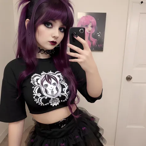 Girl taking a selfie, realistic face, perfect eyes, wide angle full body <lora:scene:0.3>, poofy hair, goth makeup, colourful hair, t-shirt, lace skirt, colourful clothes, piercing