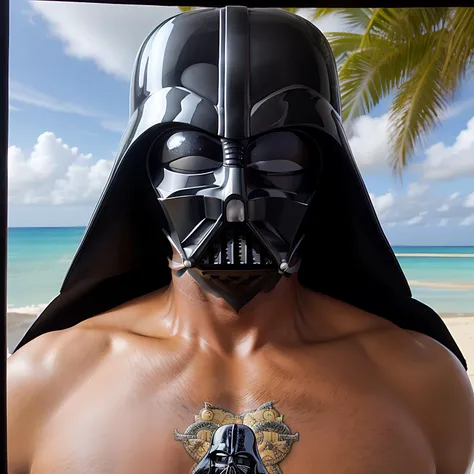 (masterpiece)+, (best quality)+, (Intricate detail)+, darth vader in a hawaiian shirt, on a beach