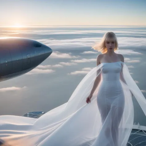 masterpiece, extremely high detail digital RAW color photograph of a beautiful nude Russian young woman with pale skin, wearing futuristic fashion white transparent long dress blowing in the wind, medium ((nubile)) breasts and thick bangs white hair blowing in the wind, strolling on the top deck of a futuristic airship in the clouds, sunset, detailed background, control deck of the airship in the background, focus on eyes
