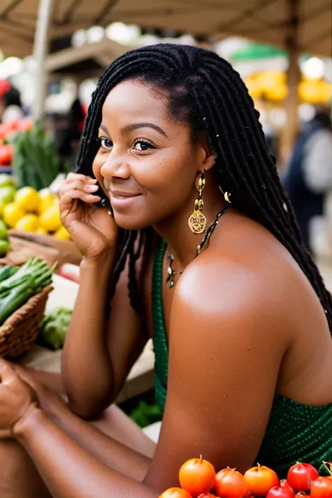 playful (black woman), professional portrait photograph with erotic composition, legs spread,  background is an outdoor farmer market, pronounced feminine feature, (high detailed skin:1.2), soft light