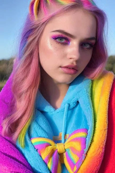 1girl, () egirl with gorgeous eyes, (huge covered breasts), (colorful rainbow eye makeup), (bleached bright colorful rainbow hair), (wearing colorful rainbow fleece sweater), (sitting on a rainbow fleece blanket), (outdoors in a field of rainbow tulips in background), pale skin, eyelashes, freckles, lips , realistic, (purple eyebrows), (hyperrealism, hyperdetailed), solo, high detail hair, (skin pores, skin imperfections), (full body shot), sharp body, highly detailed body, highly detailed face, sharp focus, 8k high definition, insanely detailed, intricate, masterpiece, highest quality, (close up) <lora:eGirls_v3:0.5>