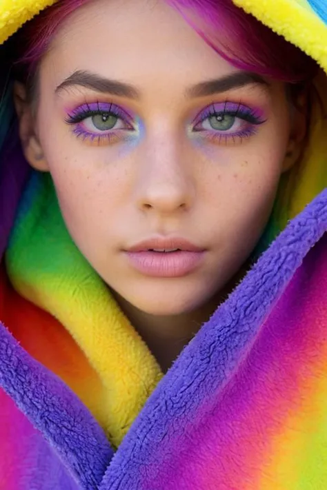 1girl, (teenager) egirl with gorgeous eyes, (((large breasts))), (colorful rainbow eye makeup), (colorful rainbow hair), (wearing colorful rainbow fleece sweater), (sitting on a rainbow fleece blanket), (outdoors in a field of rainbow tulips in background), freckles, lips , realistic, (purple eyebrows), (hyperrealism, hyperdetailed), solo, high detail hair, (skin pores, skin imperfections), sharp body, highly detailed body, highly detailed face, sharp focus, 8k high definition, insanely detailed, intricate, masterpiece, highest quality, <lora:eGirls_v3:0.5>