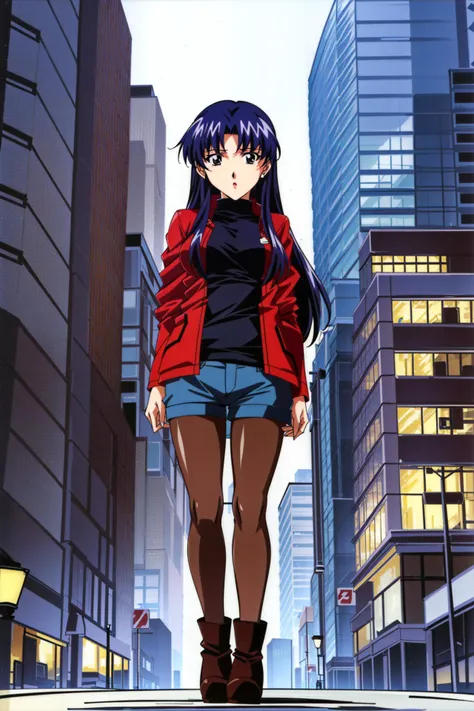<lora:Keiji Gotoh:0.5> Misumaru Yurika, Hoshino Ruri,   <lora:Misato_Katsuragi:0.7:lbw=char> Misato Katsuragi, red jacket,  black sweater,  boots,  pantyhose,  shorts,  standing,  cityscape,  full body,