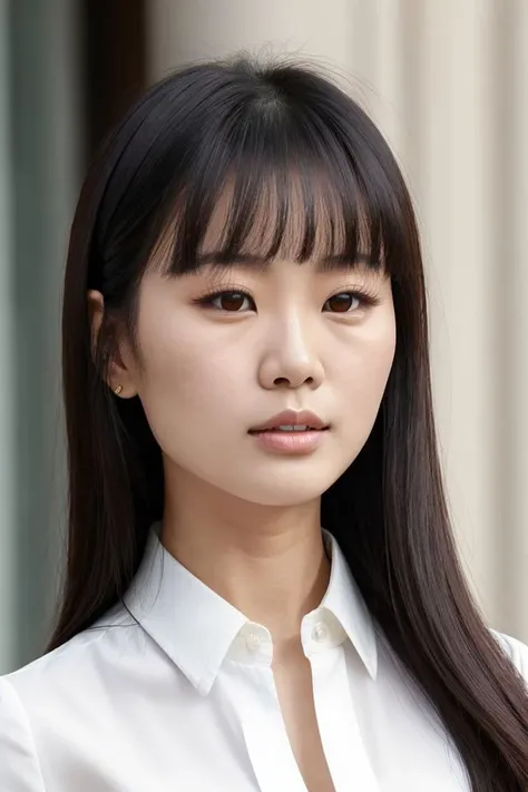 Asian woman, closeup, (shirt), pants, (buckingham palace), (), [KM_mariel:KM_sakura], wide shoulders, perfect face, (contact iris: 1.1), pale skin, skin pores , depth of field