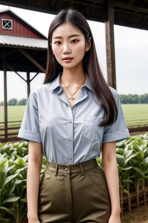 Asian woman, closeup, (shirt), pants, (farm with barn), cross necklace , [KM_ashley:KM_ruby], wide shoulders, perfect face, (contact iris: 1.1), pale skin, skin pores , depth of field