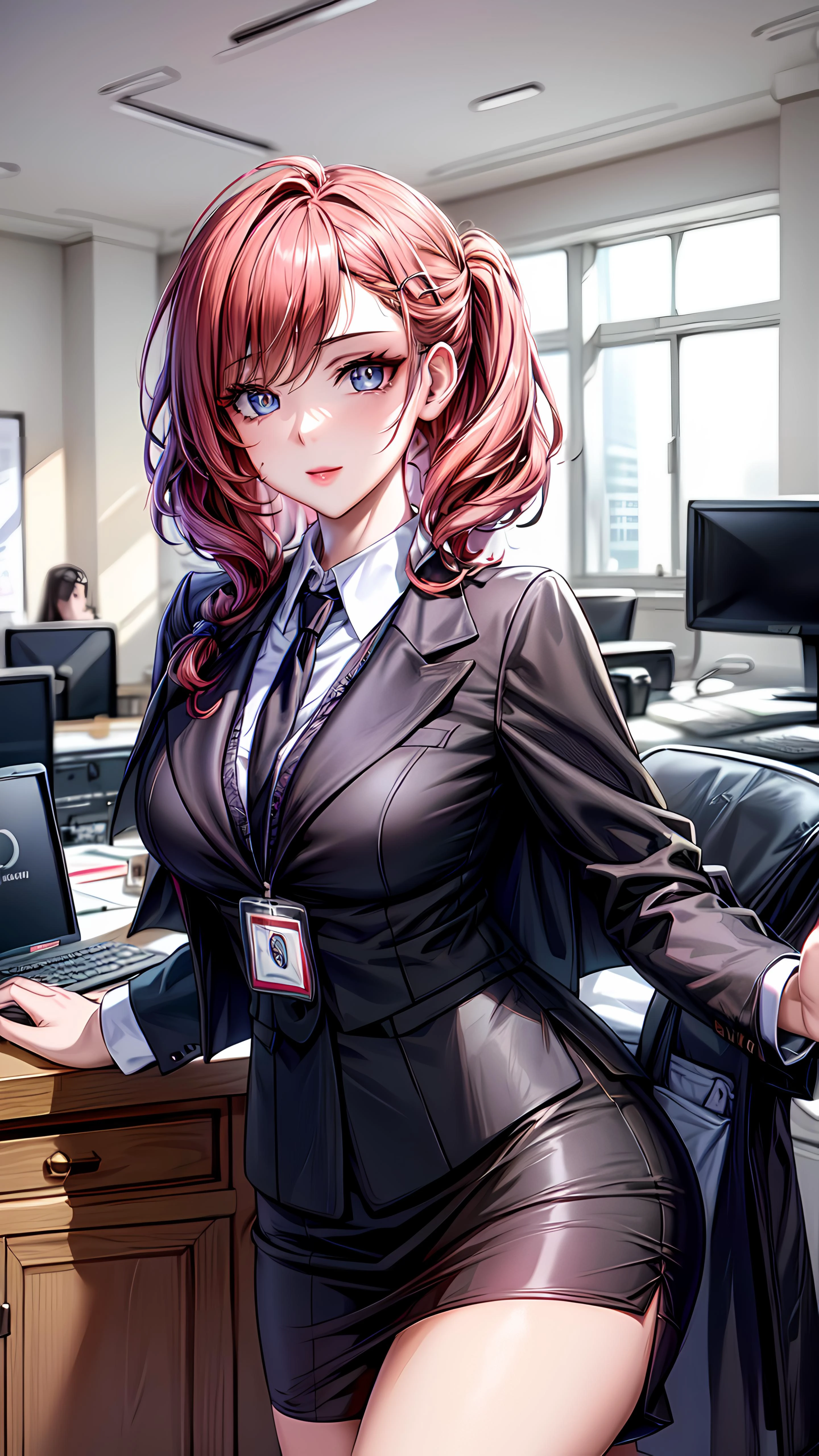 1girl, solo, detailed skin, ultra realistic 8k cg, picture-perfect face, flawless, clean, masterpiece, professional artwork, famous artwork, cinematic lighting, cinematic bloom, ((beautiful eyes)), intricate iris, (((perfect hands))), (extremely detailed background), ((dynamic background)), beautiful detailed girl, beautiful detailed nose, light on face, looking at viewer,<lora:GoodHands-beta2:1>, <lora:more_details:0.6>, <lora:womansuit-1:0.8>, Pencil_Skirt, black business suit, (Collared_shirt), formal, <lora:lora_office_3:0.6> , office, window, desk, chair, computer, ceiling, ceiling light, <lora:Char-HonkaiSR-Asta:0.6> , asta \(honkai: star rail\), hairpin, id card,