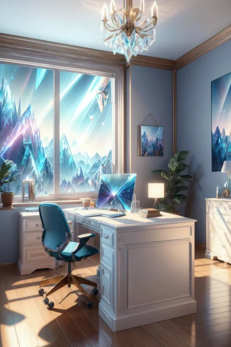 (no human:1.4),realism, depth, perspective, composition, color, light, shadow, reflection, refraction, tone, contrast,<lora:lora_office_3:1> office, window, desk, chair, computer, ceiling, ceiling light,
<lora:CrystallineAI-000009:1> CrystallineAI,