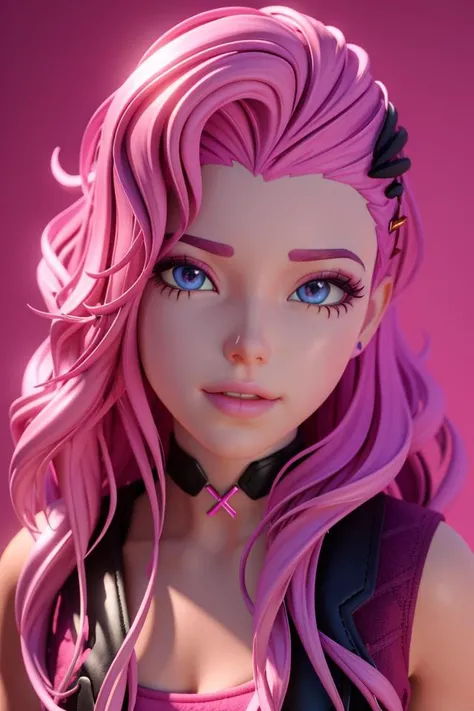 <lora:Seraphine:0.65>, xyzseraphine, 1girl, 3d render, pink hair, trendy clothing, headshot