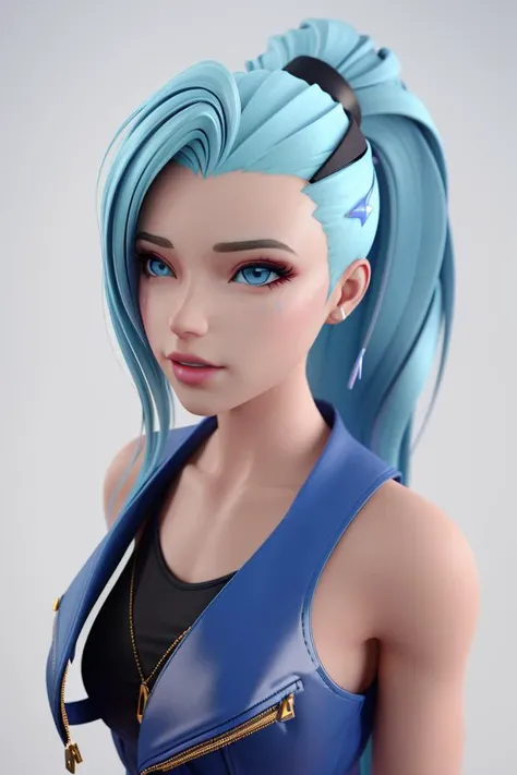 <lora:Seraphine:0.65>, xyzseraphine, 1girl, 3d render, blue hair, trendy clothing, headshot