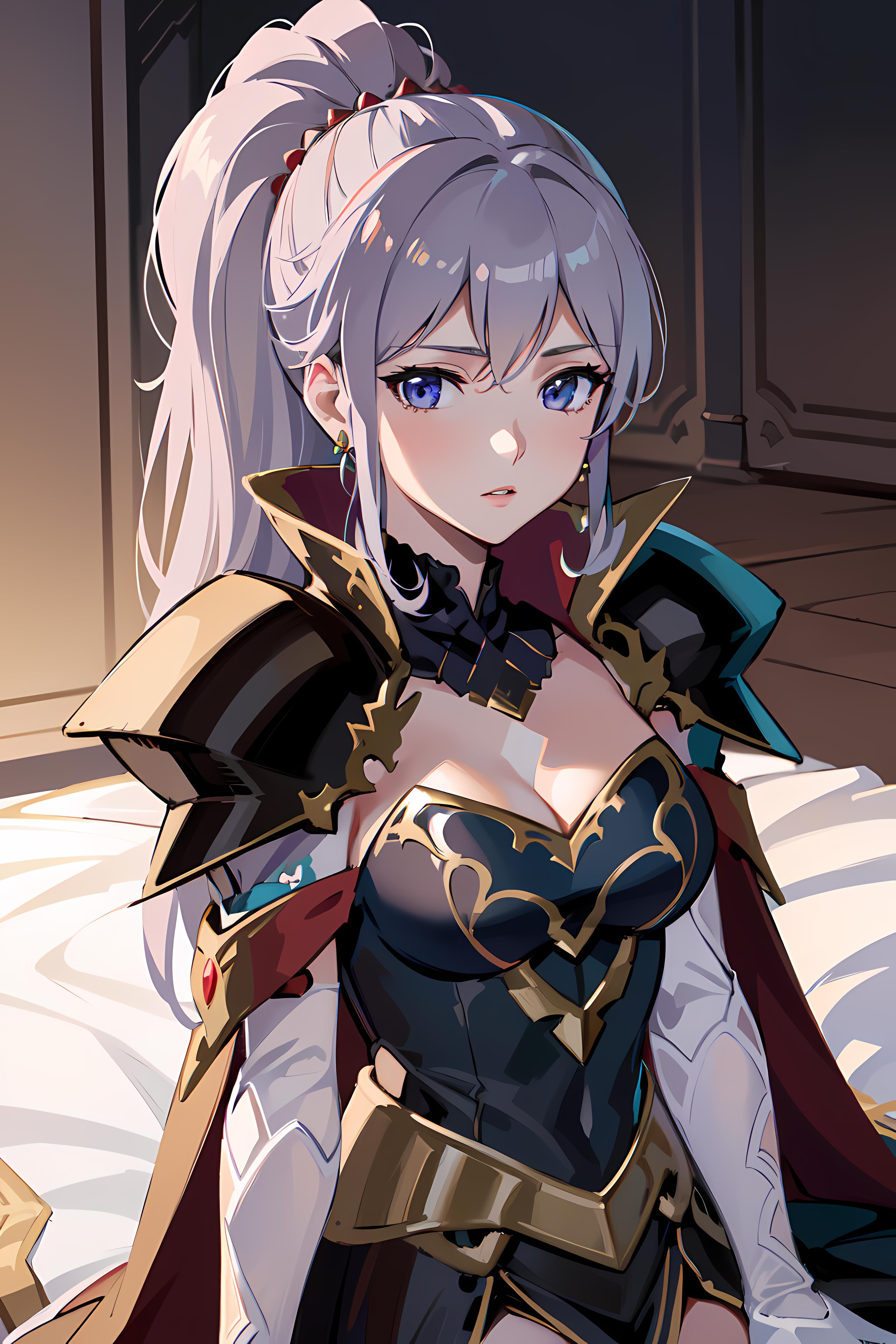 Anime girl with long white hair and blue eyes in a black outfit - SeaArt AI