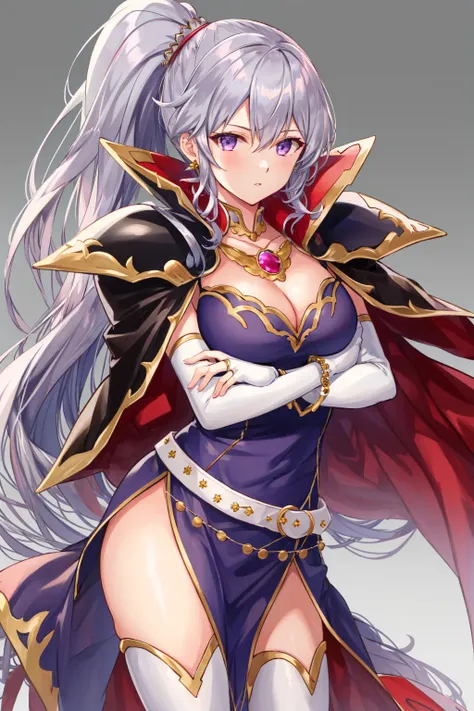 <lora:Ishtar_FE-10:0.85>, masterpiece, best quality, ishtar fe, 1girl, solo, long hair, looking at viewer, large breasts, thighhighs, gloves, dress, cleavage, jewelry, ponytail, thighs, elbow gloves, white gloves, cape, armor, side ponytail, bracelet, crossed arms, shoulder armor, bridal gauntlets, side slit, pauldrons