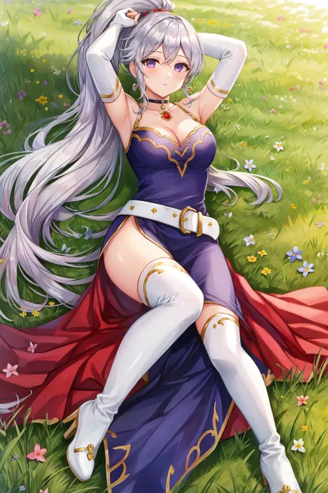 <lora:Ishtar_FE-10:0.85>, masterpiece, best quality, ishtar fe, 1girl, solo, long hair, looking at viewer, large breasts, thighhighs, gloves, dress, cleavage, jewelry, very long hair, full body, ponytail, boots, choker, day, elbow gloves, belt, white gloves, armpits, high heels, arms up, white thighhighs, thigh boots, white footwear, grass, side slit, high heel boots