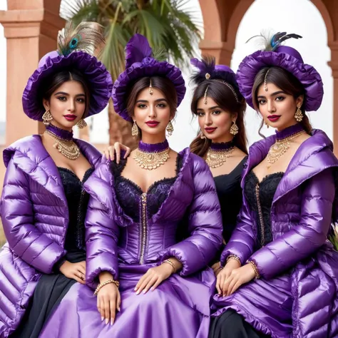 cute group of pakistani women wearing a ((extra_puffy_jacket))
,bustle dress,
long_sleeves, hat, dress, holding, jewelry, sitting, frills, choker, striped, necklace, lips, feathers, hand_fan, web_address, purple_dress, realistic,headwear
<lora:Puffer_Jacket_and_Down_Jacket_-_Extra_Puffy_Jackets:0.4>
<lora:VictorianBustleDress:0.6>