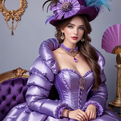 cute woman wearing a ((extra_puffy_jacket))
,bustle dress,
blue_eyes, brown_hair, long_sleeves, hat, dress, holding, jewelry, sitting,  frills, choker, striped, necklace, lips,  feathers, hand_fan, web_address, purple_dress, realistic, purple_headwear
<lora:Puffer_Jacket_and_Down_Jacket_-_Extra_Puffy_Jackets:0.4>
 <lora:VictorianBustleDress:0.6>