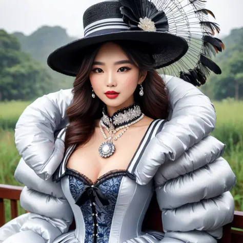 cute  asian professional women wearing a ((extra_puffy_jacket))
,bustle dress,
 long_sleeves, hat, dress, holding, jewelry, sitting,  frills, choker, striped, necklace, lips,  feathers, hand_fan, web_address, dress, realistic,headwear
<lora:Puffer_Jacket_and_Down_Jacket_-_Extra_Puffy_Jackets:0.8>
 <lora:VictorianBustleDress:0.6>