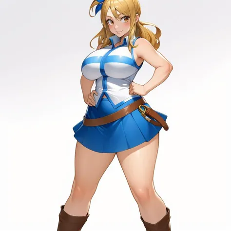 (masterpiece, best quality:1.2), Cheshirrr, Thin Lineart, Soft Shading, Saturated Hues, 1girl, solo, looking at viewer, standing, blushing, seductive smile, simple background, full body, <lora:Cheshirrr Style Lora:.8>, dynamic pose, blonde hair, (light brown eyes), lucy heartfilia, long hair, white shirt, sleeveless, belt, blue skirt, midriff, <lora:lucy_heartfilia_v11:.8>, huge breasts, mature female, wide hips