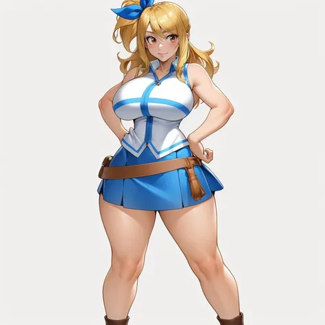 (masterpiece, best quality:1.2), Cheshirrr, Thin Lineart, Soft Shading, Saturated Hues, 1girl, solo, looking at viewer, standing, blushing, seductive smile, simple background, full body, <lora:Cheshirrr Style Lora:.8>, dynamic pose, blonde hair, (light brown eyes), lucy heartfilia, long hair, white shirt, sleeveless, belt, blue skirt, midriff, <lora:lucy_heartfilia_v11:.8>, huge breasts, mature female, wide hips