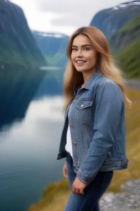 tv_Irina_Wilson_MXAI_V1, doubtful expression, joyful expression, ((wearing denim jacket )), at a Norwegian fjord (((relaxed))), "epic-Ultra-HD-details", "epic-Ultra-HD-highlights", PA7_Human-Likeness, PA7_Portrait-MS